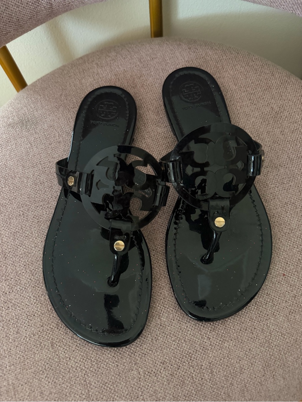 Tory Burch Black Millers Patent Logo Sandals